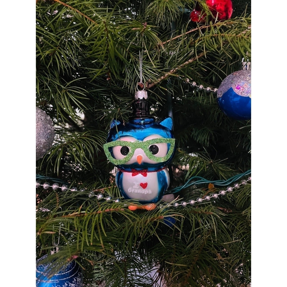 Vintage Owl Glass Ornament I Love Grandpa Xmas Holiday Collectible Decor